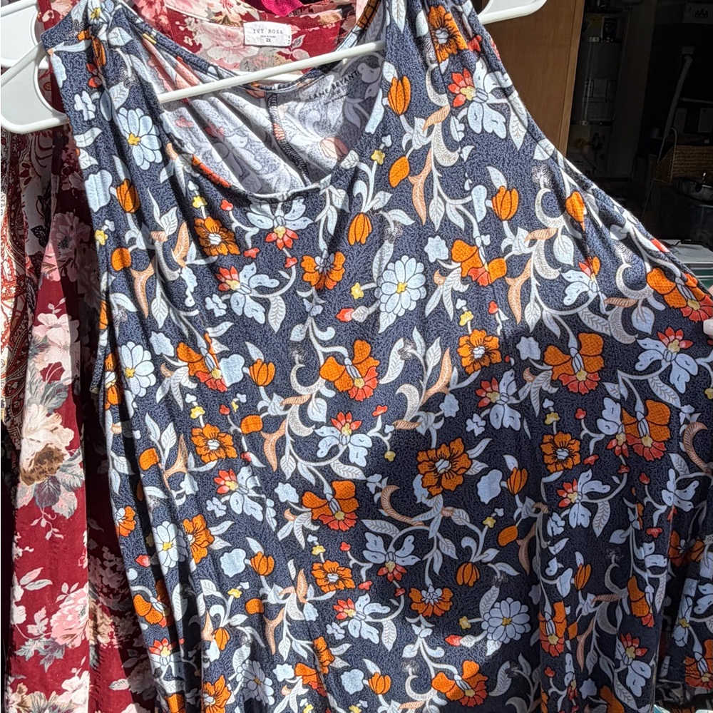 Plus Size Blue Floral Sleeveless Top with Orange Accents - Soft Jersey Tank